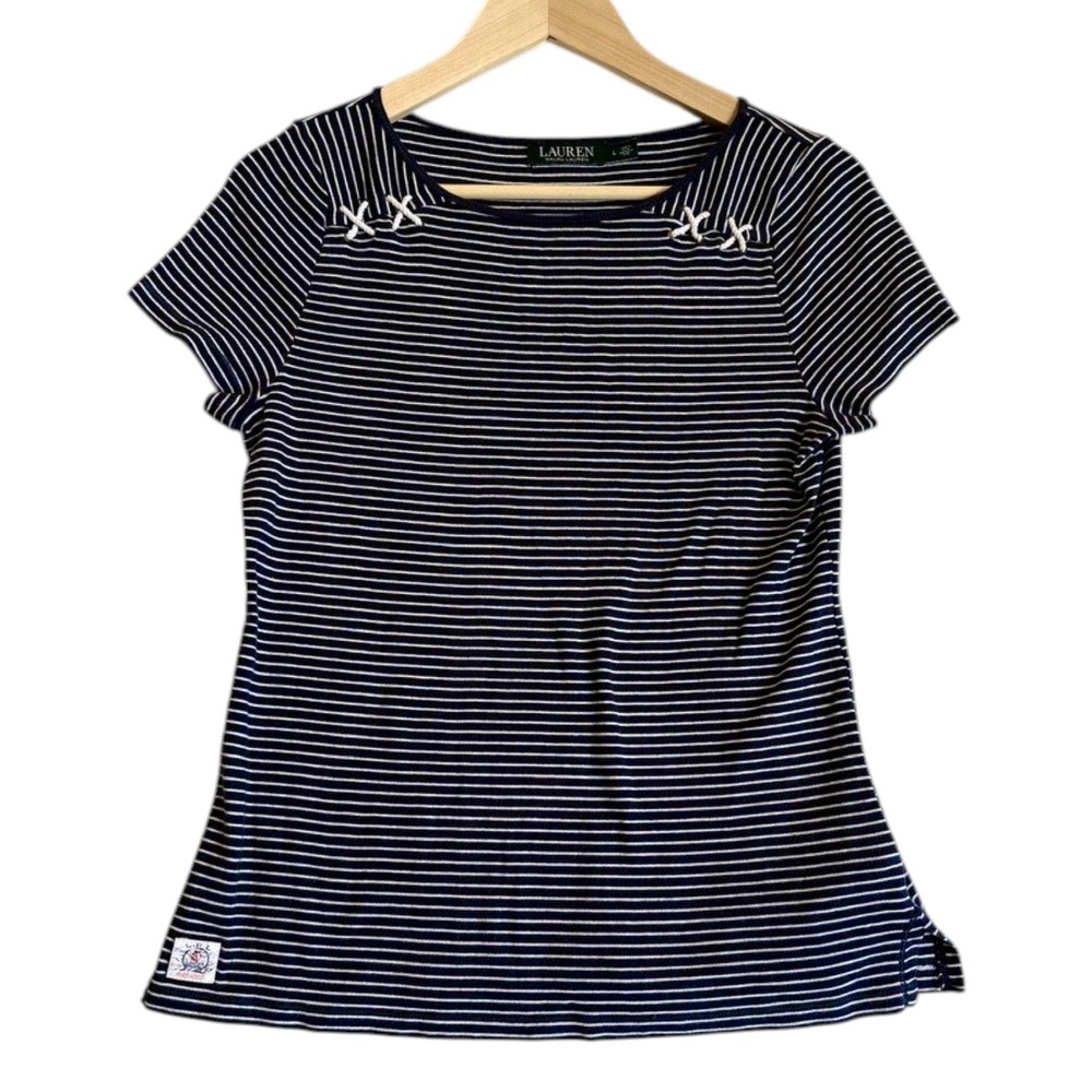 Lauren Ralph Lauren T-Shirt Womens Large Blue Striped Lace Up Nautical Boat Neck